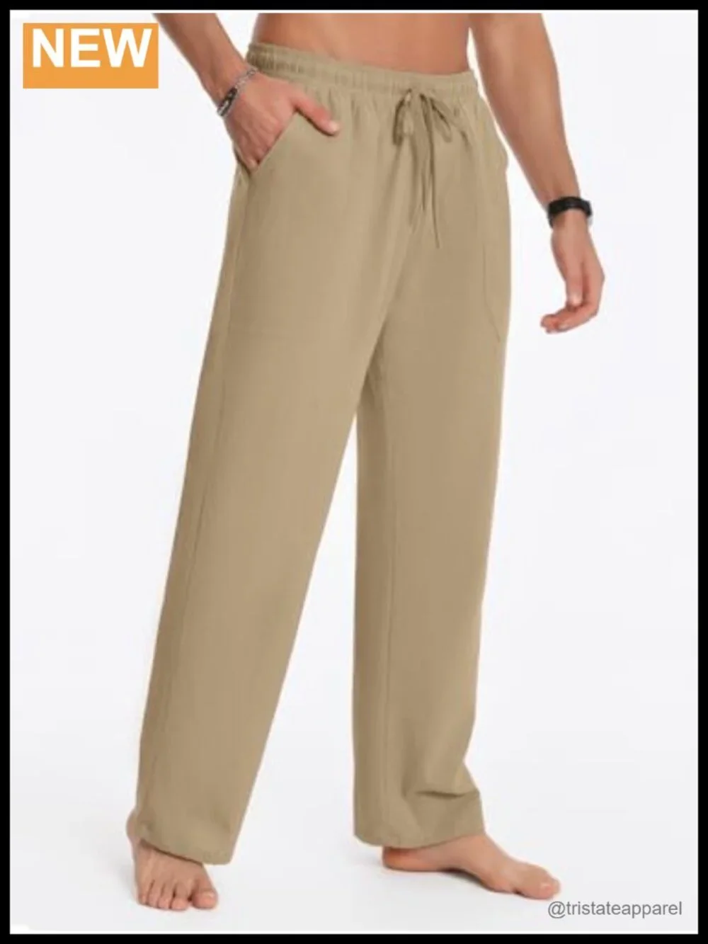 Men's Breathable Cotton Linen Pants Lightweight Summer Beach Elastic Drawstring
